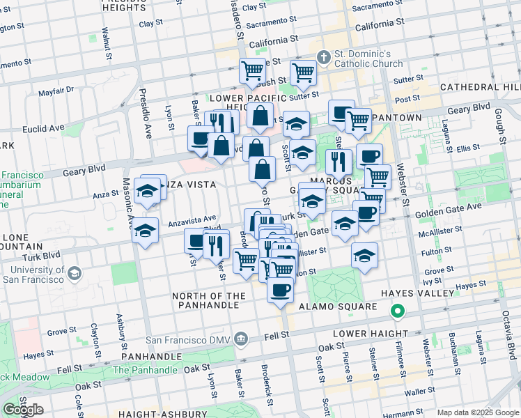 map of restaurants, bars, coffee shops, grocery stores, and more near 1199 Divisadero Street in San Francisco