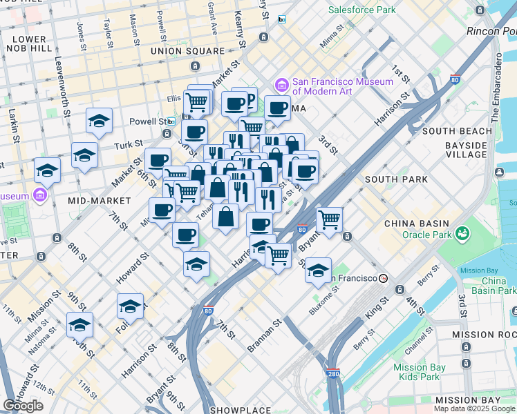 map of restaurants, bars, coffee shops, grocery stores, and more near 280 5th Street in San Francisco