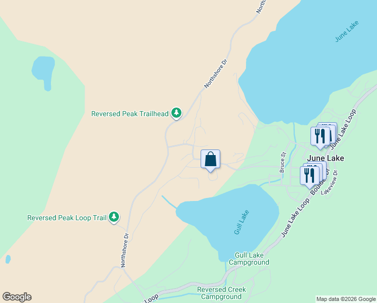 map of restaurants, bars, coffee shops, grocery stores, and more near 124 Mountain Vista Drive in June Lake