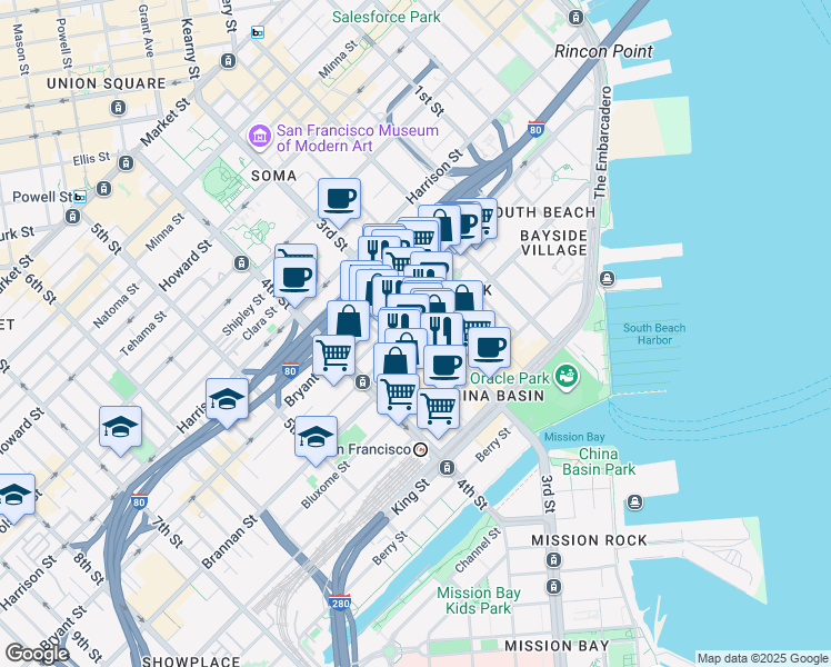map of restaurants, bars, coffee shops, grocery stores, and more near 550 3rd Street in San Francisco