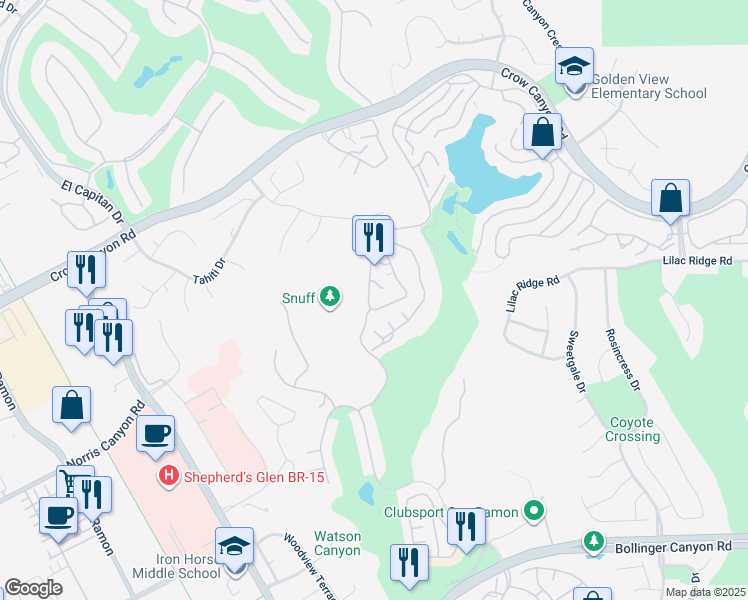 map of restaurants, bars, coffee shops, grocery stores, and more near 3030 Lakemont Drive in San Ramon