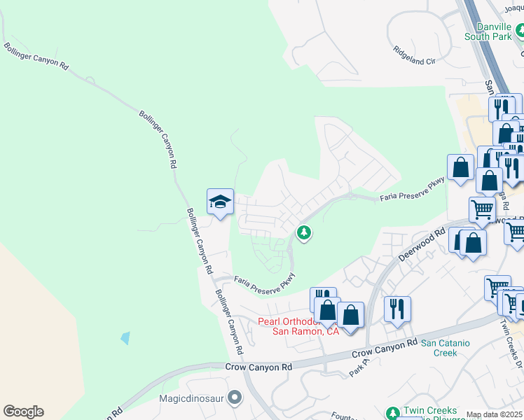 map of restaurants, bars, coffee shops, grocery stores, and more near 32102 Via Vicenza in San Ramon