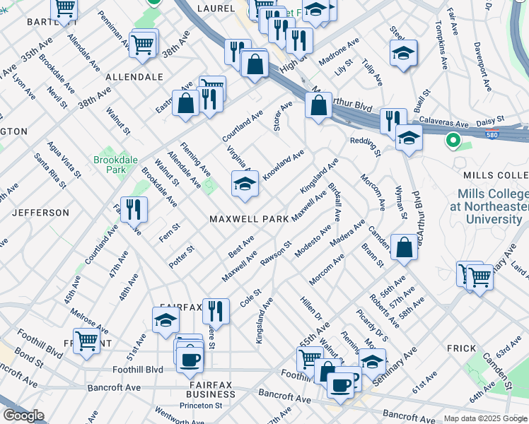 map of restaurants, bars, coffee shops, grocery stores, and more near 2918 Monticello Avenue in Oakland