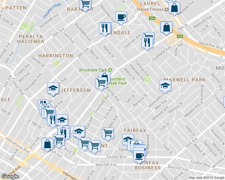 map of restaurants, bars, coffee shops, grocery stores, and more near 4528 Fairfax Avenue in Oakland