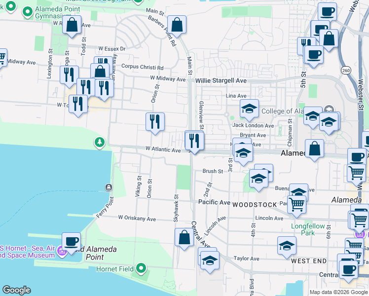 map of restaurants, bars, coffee shops, grocery stores, and more near 173 West Seaplane Lagoon Avenue in Alameda