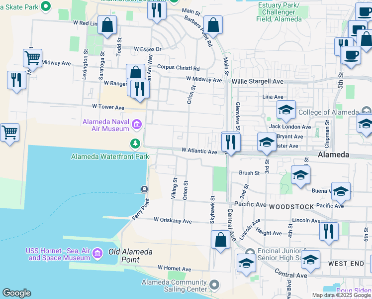 map of restaurants, bars, coffee shops, grocery stores, and more near in Alameda