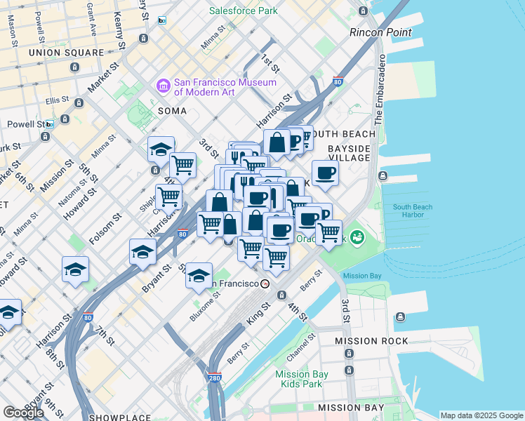 map of restaurants, bars, coffee shops, grocery stores, and more near 550 3rd Street in San Francisco