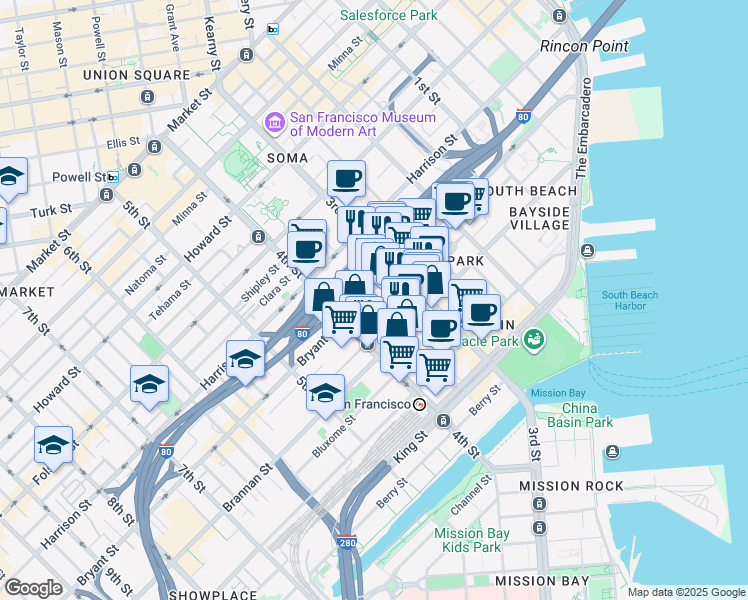 map of restaurants, bars, coffee shops, grocery stores, and more near 546 Bryant Street in San Francisco