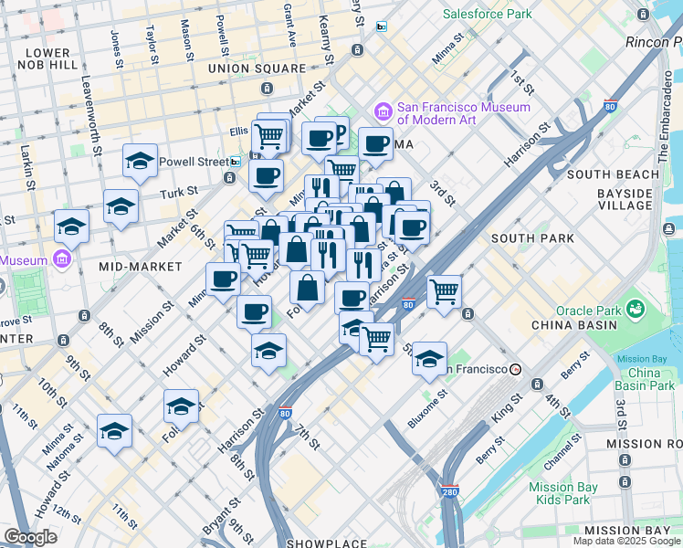 map of restaurants, bars, coffee shops, grocery stores, and more near 280 5th Street in San Francisco