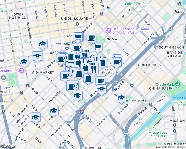 map of restaurants, bars, coffee shops, grocery stores, and more near 241 5th Street in San Francisco
