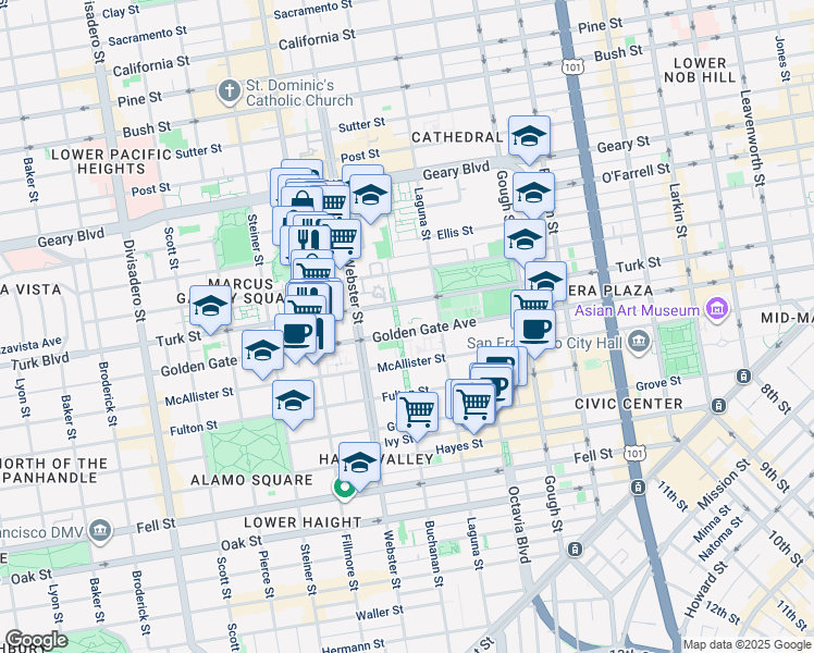 map of restaurants, bars, coffee shops, grocery stores, and more near 1148 Buchanan Street in San Francisco