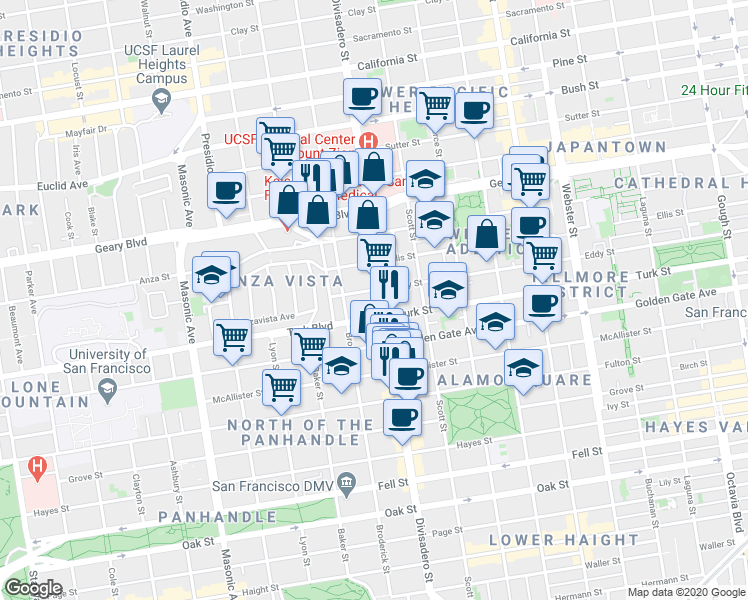 map of restaurants, bars, coffee shops, grocery stores, and more near 1199 Divisadero Street in San Francisco