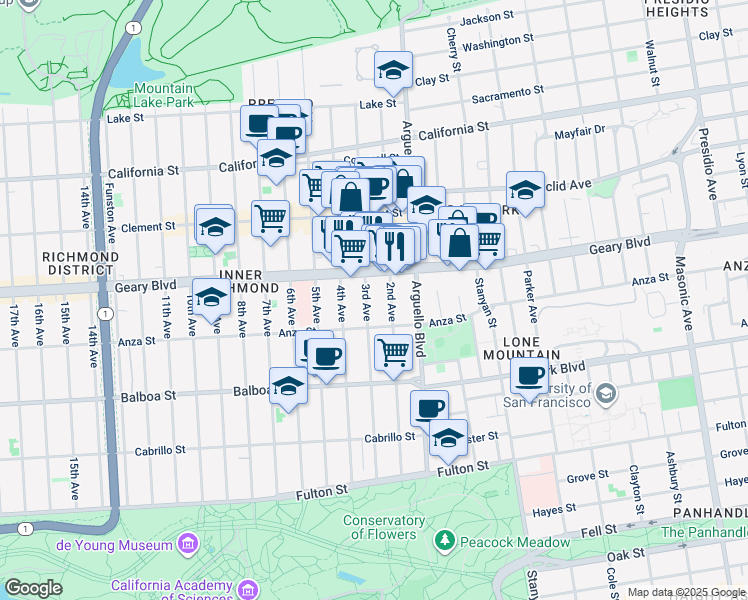 map of restaurants, bars, coffee shops, grocery stores, and more near 441a 2nd Avenue in San Francisco