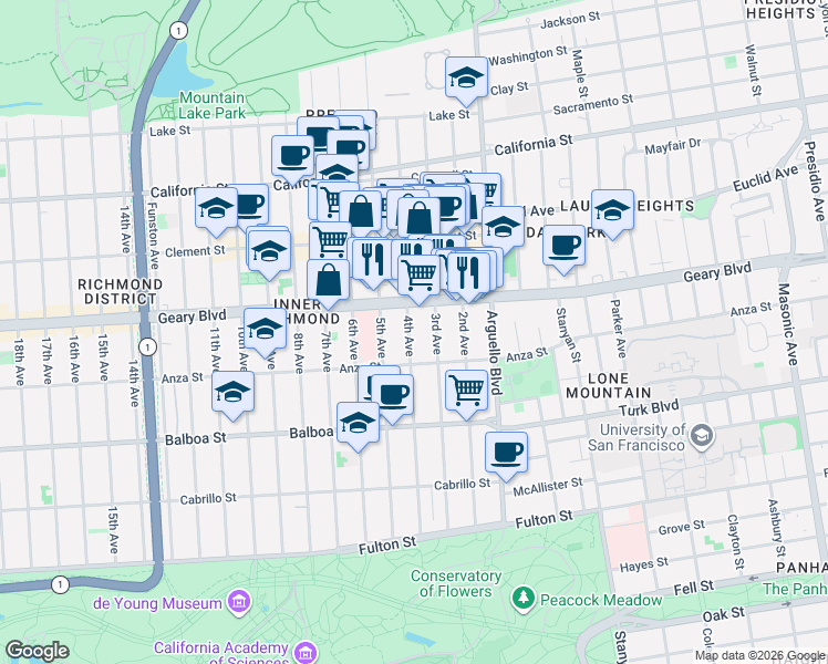 map of restaurants, bars, coffee shops, grocery stores, and more near 415 3rd Avenue in San Francisco