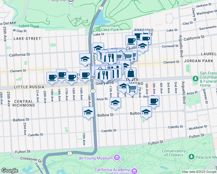 map of restaurants, bars, coffee shops, grocery stores, and more near 4751 Geary Boulevard in San Francisco