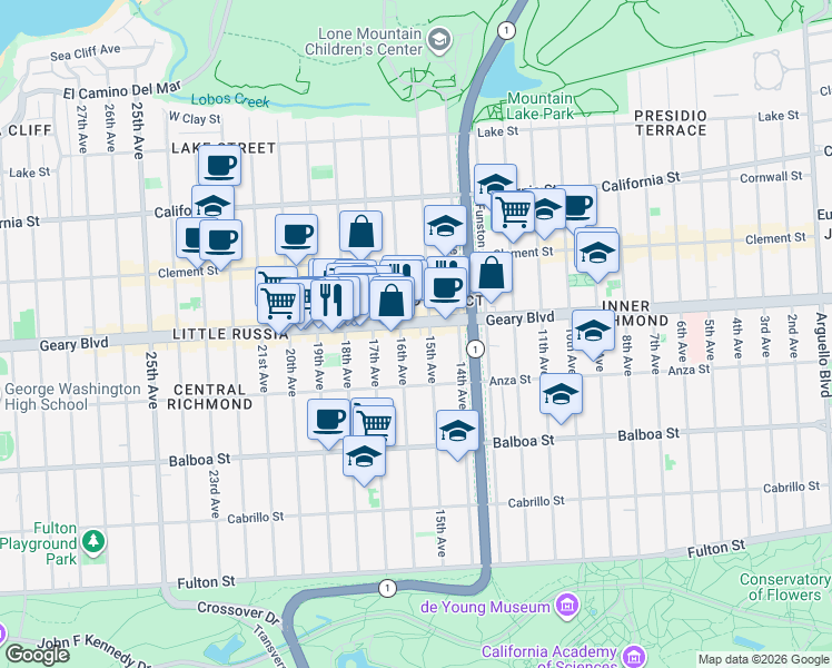map of restaurants, bars, coffee shops, grocery stores, and more near in San Francisco