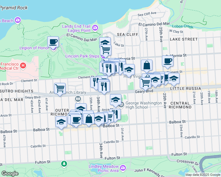 map of restaurants, bars, coffee shops, grocery stores, and more near 462 33rd Avenue in San Francisco