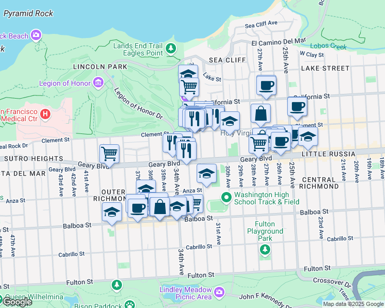map of restaurants, bars, coffee shops, grocery stores, and more near 462 33rd Avenue in San Francisco