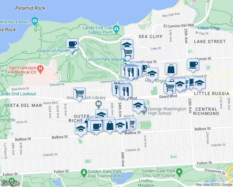 map of restaurants, bars, coffee shops, grocery stores, and more near 455 34th Avenue in San Francisco