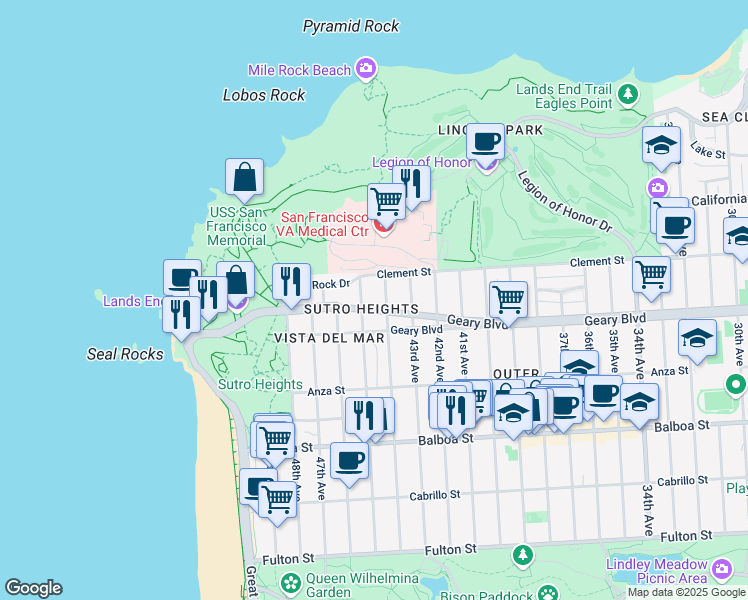 map of restaurants, bars, coffee shops, grocery stores, and more near 424 44th Avenue in San Francisco
