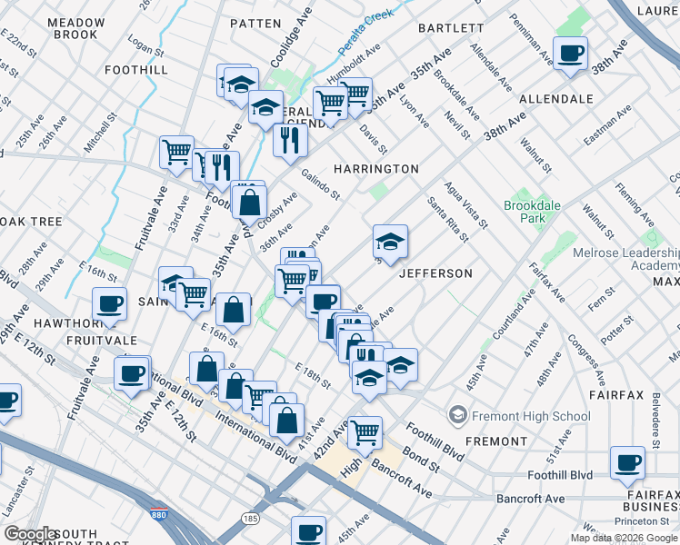 map of restaurants, bars, coffee shops, grocery stores, and more near 2006 38th Avenue in Oakland