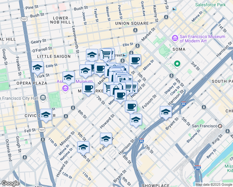 map of restaurants, bars, coffee shops, grocery stores, and more near 1013 Mission Street in San Francisco