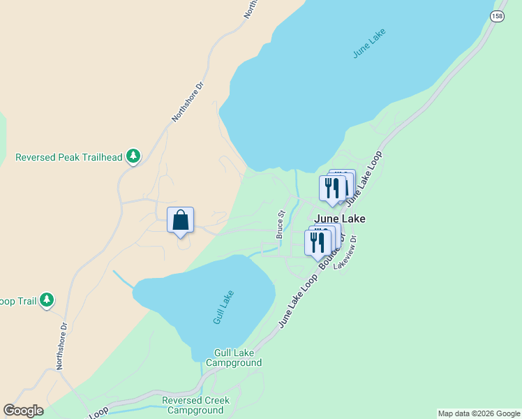 map of restaurants, bars, coffee shops, grocery stores, and more near 212 Skyline Road in June Lake