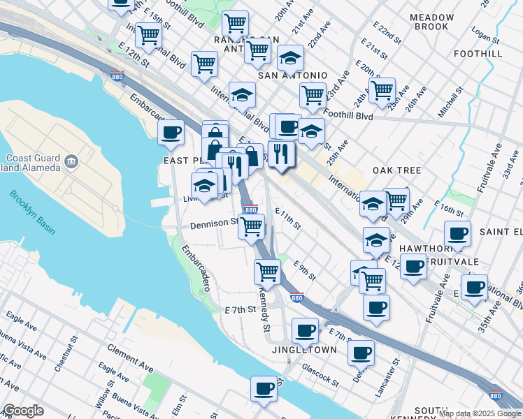 map of restaurants, bars, coffee shops, grocery stores, and more near 1036 Calcot Place in Oakland