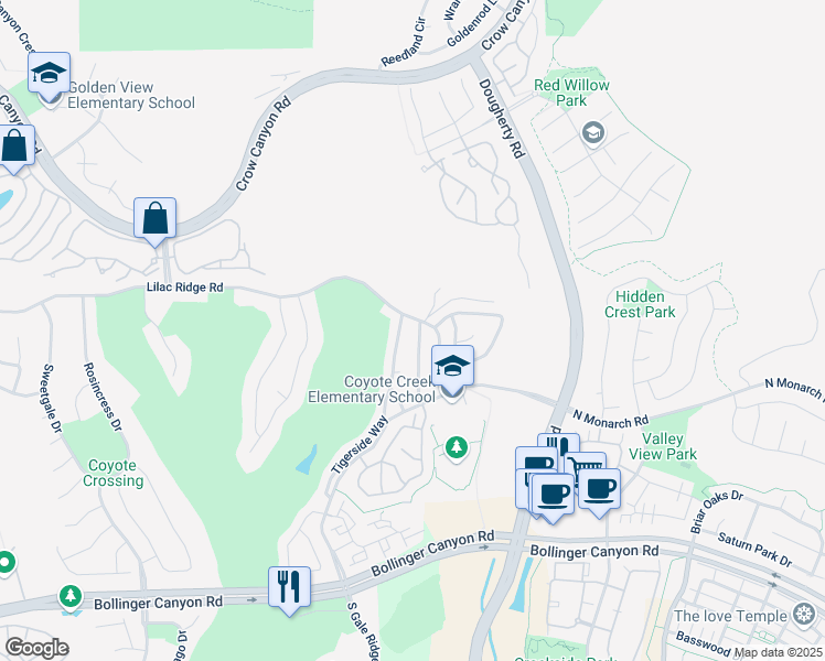map of restaurants, bars, coffee shops, grocery stores, and more near 5906 Lantana Way in San Ramon