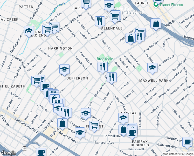 map of restaurants, bars, coffee shops, grocery stores, and more near 2309 High Street in Oakland