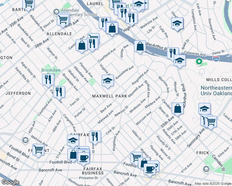 map of restaurants, bars, coffee shops, grocery stores, and more near 2832 Monticello Avenue in Oakland