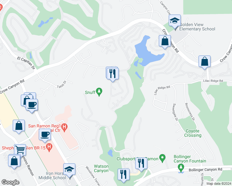 map of restaurants, bars, coffee shops, grocery stores, and more near 3060 Lakemont Drive in San Ramon