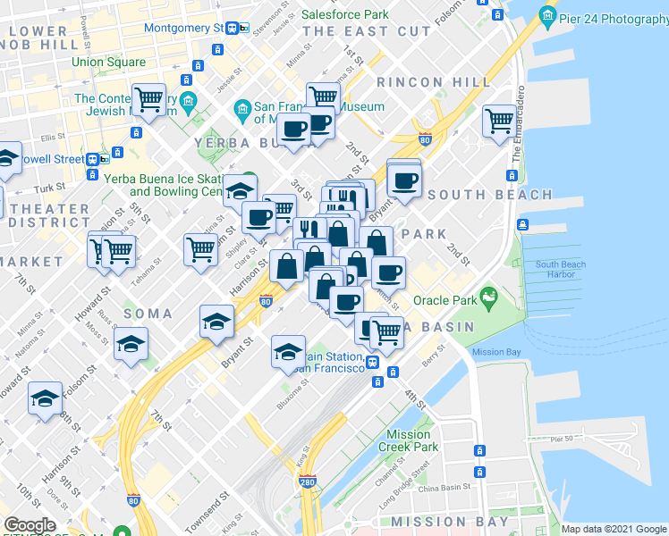 map of restaurants, bars, coffee shops, grocery stores, and more near 539 Bryant Street in San Francisco