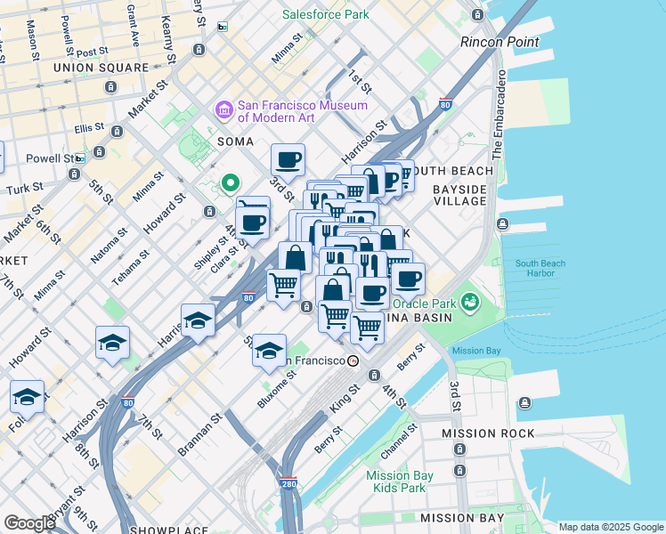 map of restaurants, bars, coffee shops, grocery stores, and more near 550 3rd Street in San Francisco