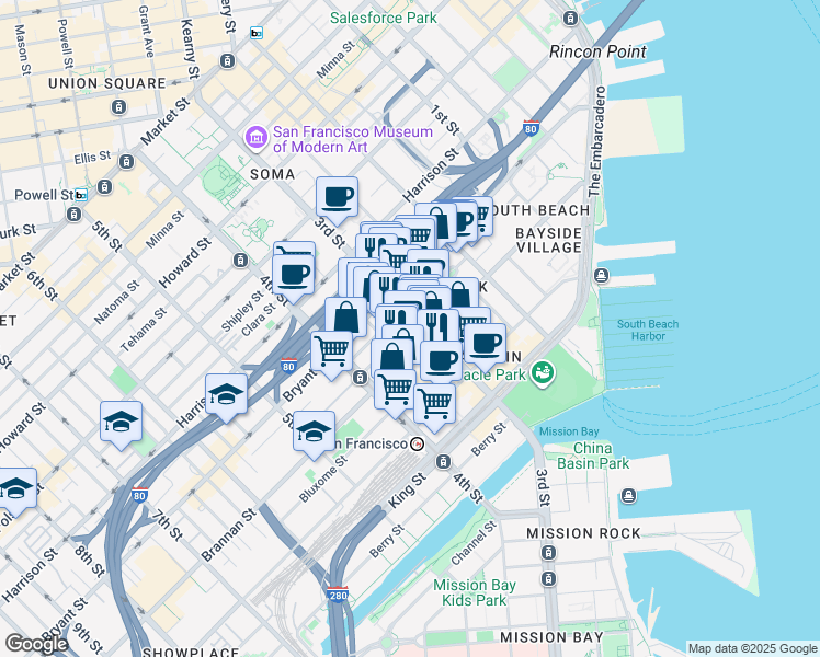 map of restaurants, bars, coffee shops, grocery stores, and more near 574 3rd Street in San Francisco