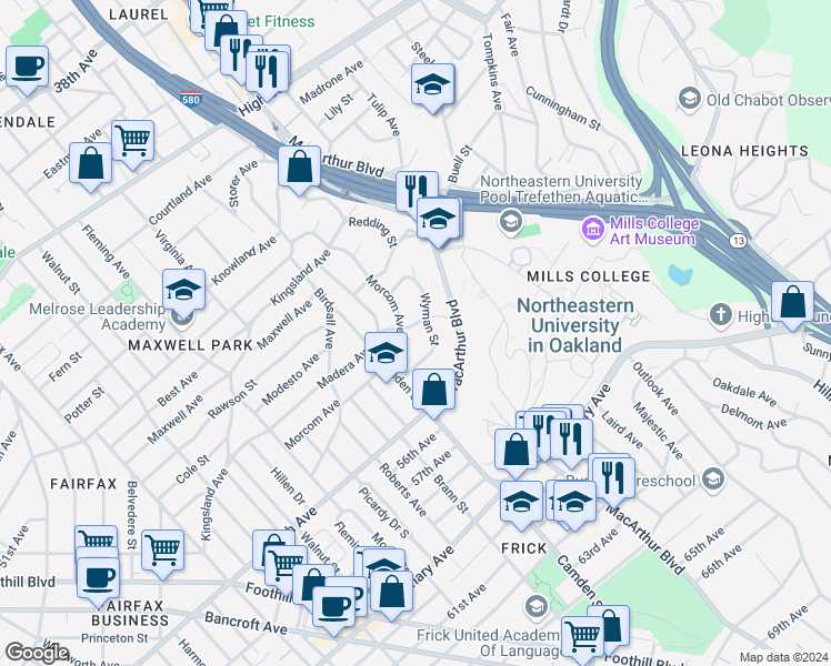 map of restaurants, bars, coffee shops, grocery stores, and more near 3416 Simmons Street in Oakland