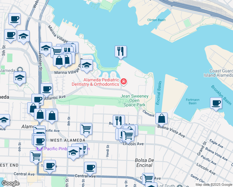 map of restaurants, bars, coffee shops, grocery stores, and more near 1010 Atlantic Ave in Alameda