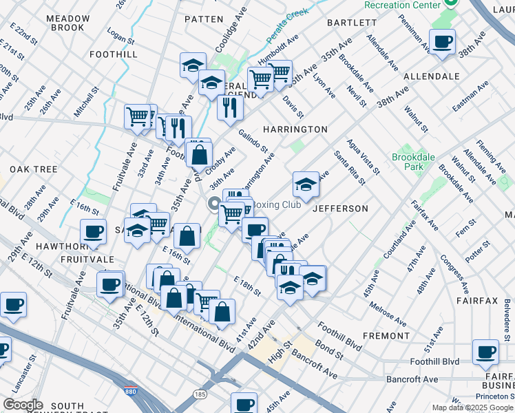 map of restaurants, bars, coffee shops, grocery stores, and more near 1993 38th Avenue in Oakland