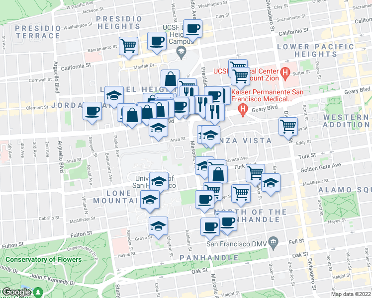 map of restaurants, bars, coffee shops, grocery stores, and more near 126 Ewing Terrace in San Francisco