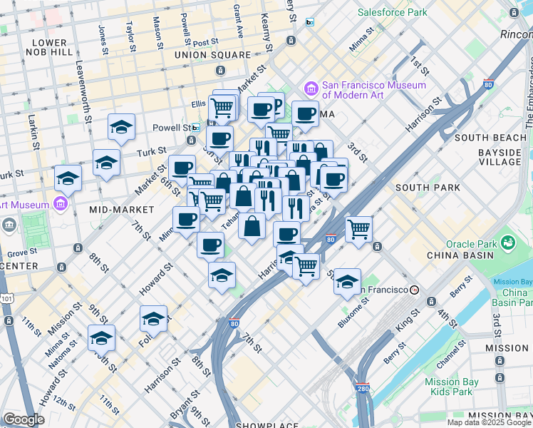 map of restaurants, bars, coffee shops, grocery stores, and more near 280 5th Street in San Francisco