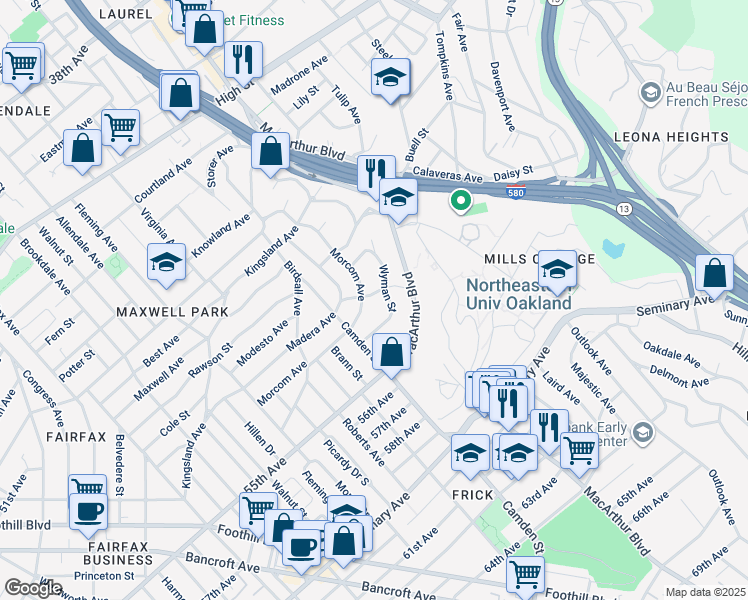 map of restaurants, bars, coffee shops, grocery stores, and more near 3416 Simmons Street in Oakland