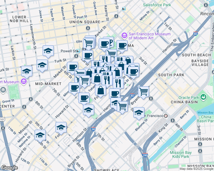 map of restaurants, bars, coffee shops, grocery stores, and more near 900 Folsom Street in San Francisco