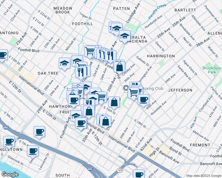 map of restaurants, bars, coffee shops, grocery stores, and more near 1612 35th Avenue in Oakland