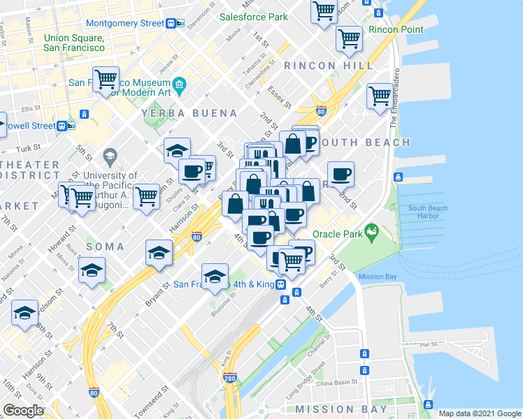 map of restaurants, bars, coffee shops, grocery stores, and more near 550 3rd Street in San Francisco