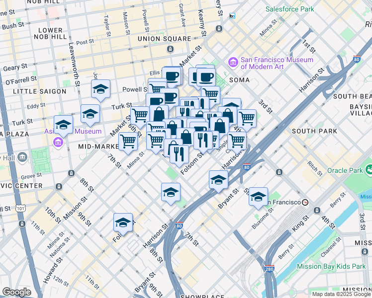 map of restaurants, bars, coffee shops, grocery stores, and more near 241 5th Street in San Francisco