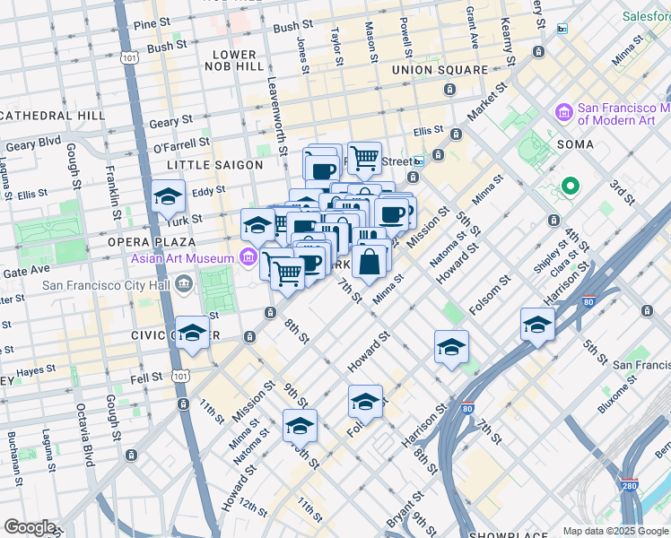 map of restaurants, bars, coffee shops, grocery stores, and more near in San Francisco