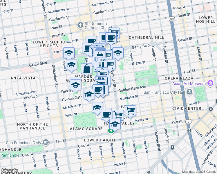 map of restaurants, bars, coffee shops, grocery stores, and more near 1109 Fillmore Street in San Francisco