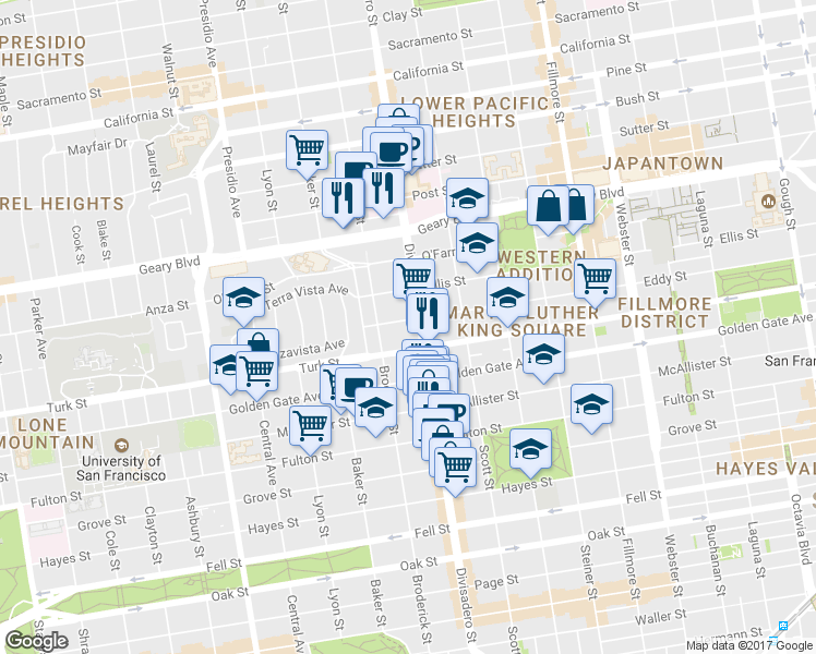 map of restaurants, bars, coffee shops, grocery stores, and more near in San Francisco