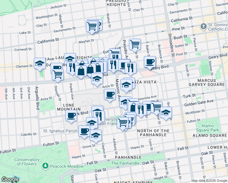 map of restaurants, bars, coffee shops, grocery stores, and more near 126 Ewing Terrace in San Francisco