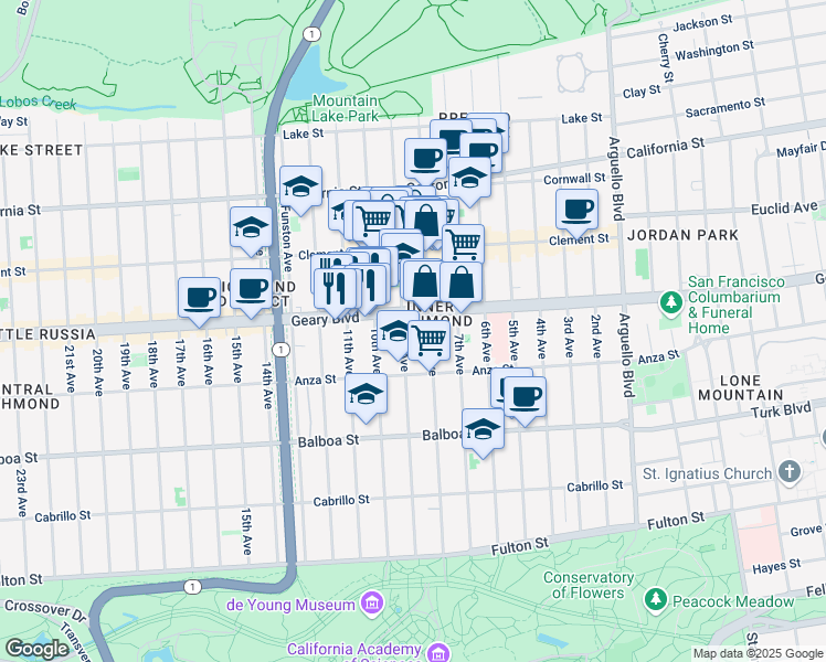 map of restaurants, bars, coffee shops, grocery stores, and more near 421 9th Avenue in San Francisco
